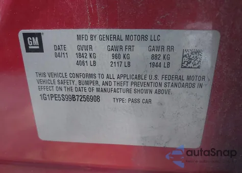 2011 Chevrolet Cruze Lt from USA, damaged, VIN 1G1PE5S99B7256908